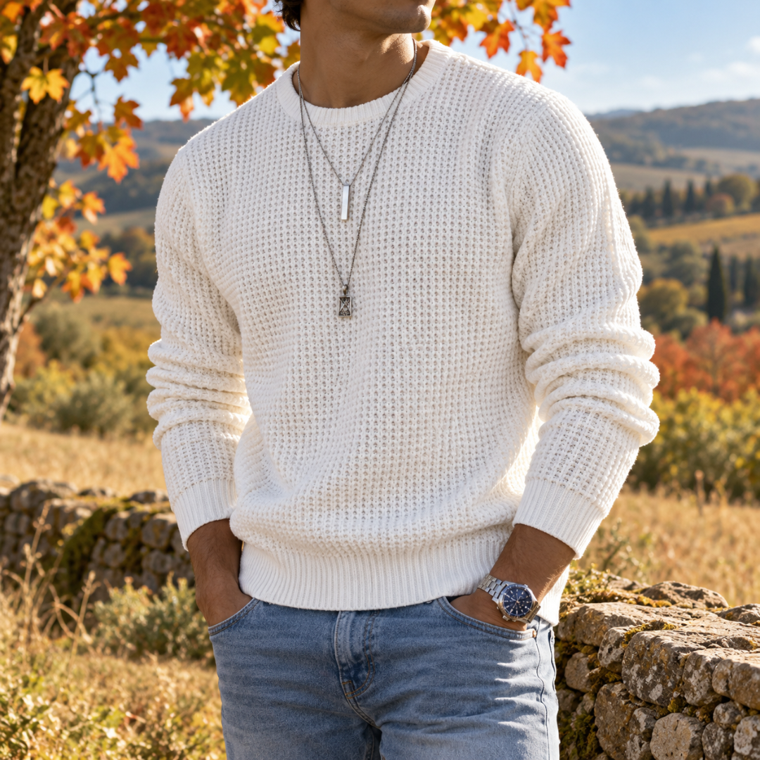 Maglione uomo bianco a nido d'ape con girocollo e polsini a costine