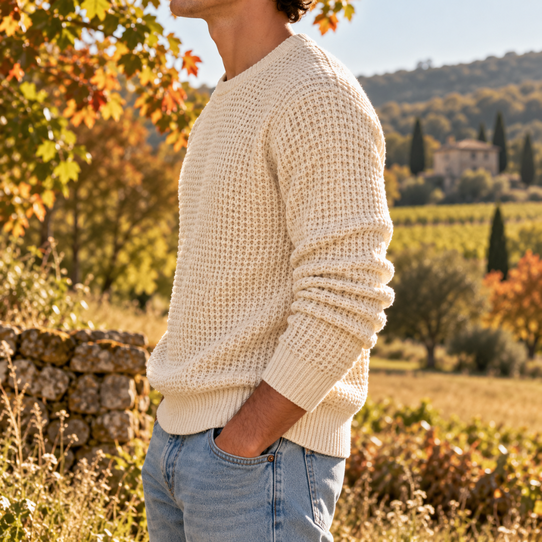 Vista laterale del maglione crema con manica lunga e polsino a coste