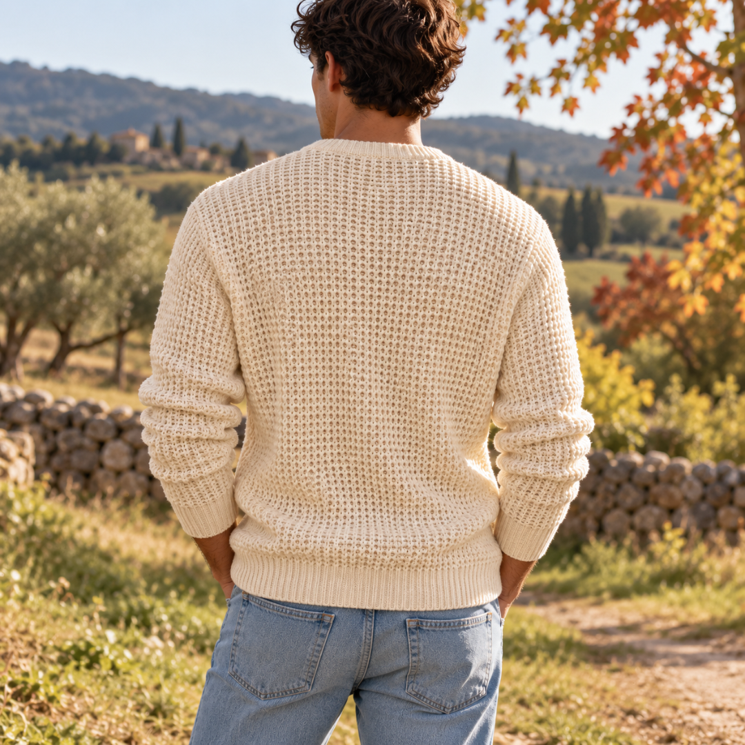 Retro del maglione uomo crema con bordo inferiore a coste e maglia texturizzata