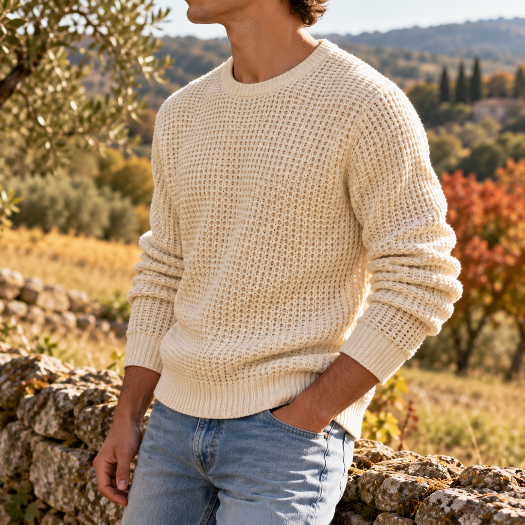 Dettaglio della maglia a nido d'ape color crema con girocollo rifinito