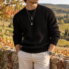 Maglione uomo nero in maglia a nido d'ape con bordo inferiore a coste