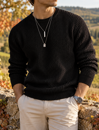 Maglione uomo nero in maglia a nido d'ape con bordo inferiore a coste