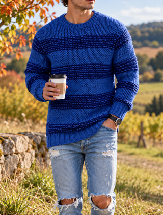 Maglione uomo a righe blu in maglia grossa con bordi a coste e girocollo
