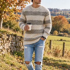 Maglione uomo a righe grigio con girocollo a coste e maniche lunghe rigate