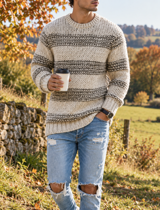 Maglione uomo a righe grigio con girocollo a coste e maniche lunghe rigate