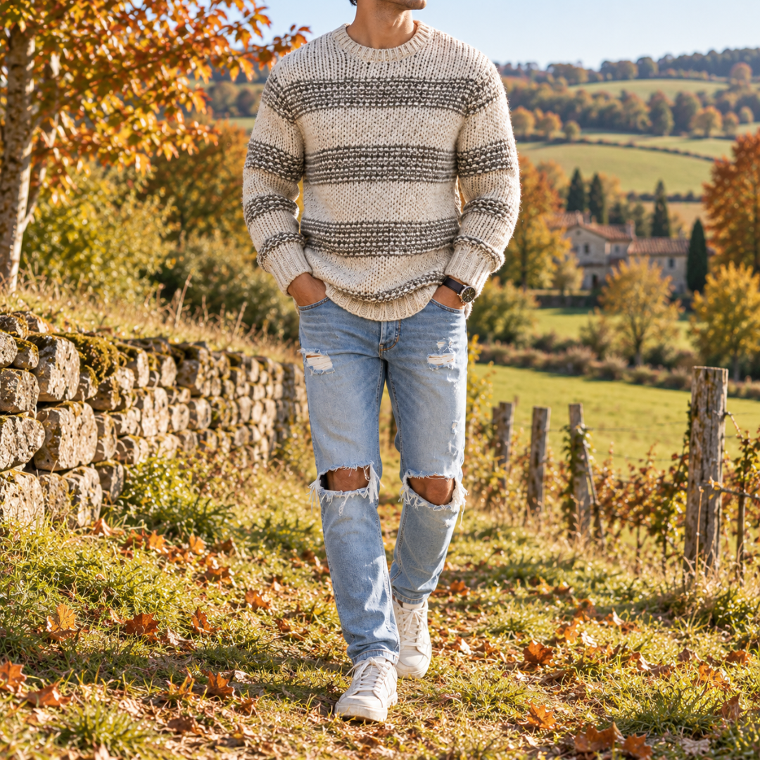 Vista intera del maglione uomo a righe grigio con maniche lunghe e fondo a coste