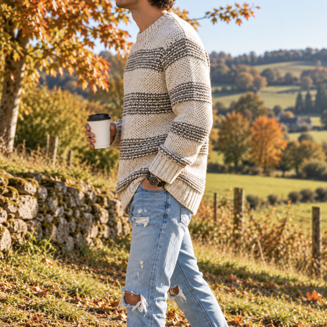 Maglione uomo a righe grigio di profilo, maglia a grana grossa e polsini a coste