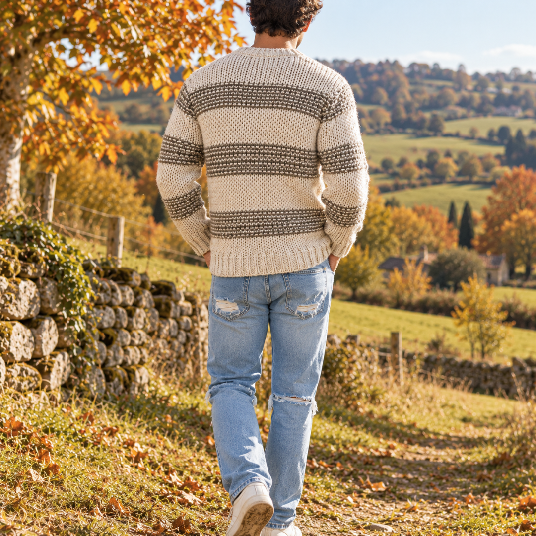 Retro del maglione uomo a righe grigio con righe orizzontali a contrasto
