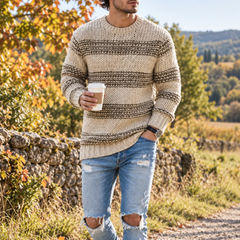 Maglione uomo a righe kaki con girocollo a coste e maniche lunghe rigate