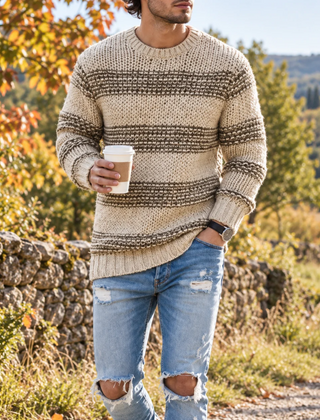 Maglione uomo a righe kaki con girocollo a coste e maniche lunghe rigate