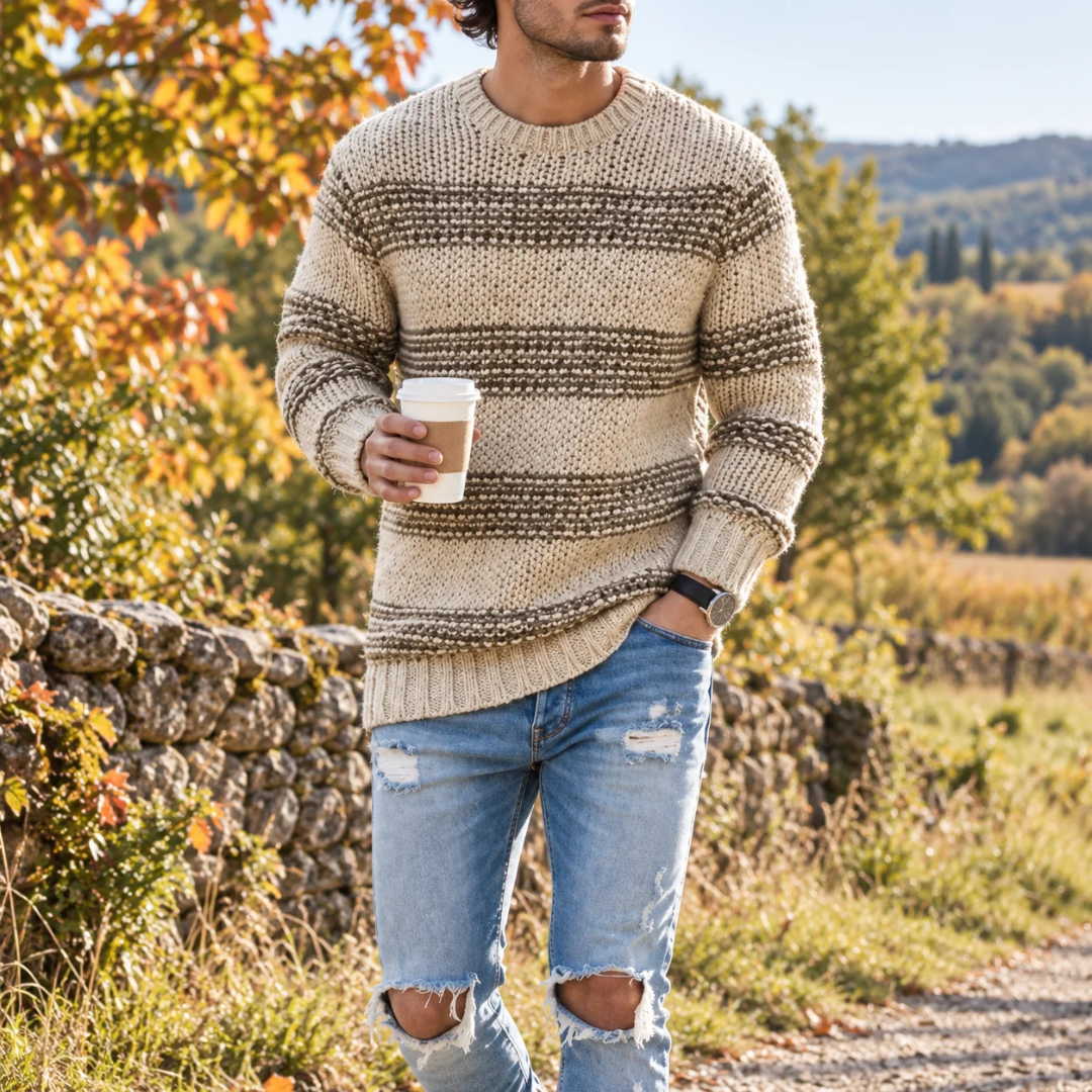 Maglione uomo a righe kaki con girocollo a coste e maniche lunghe rigate