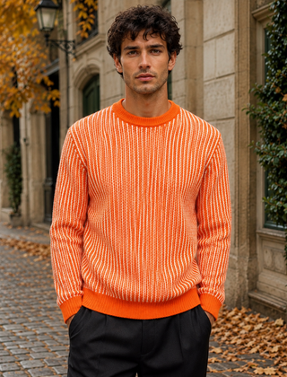 Maglione uomo arancione a righe verticali con girocollo a costine, vista frontale