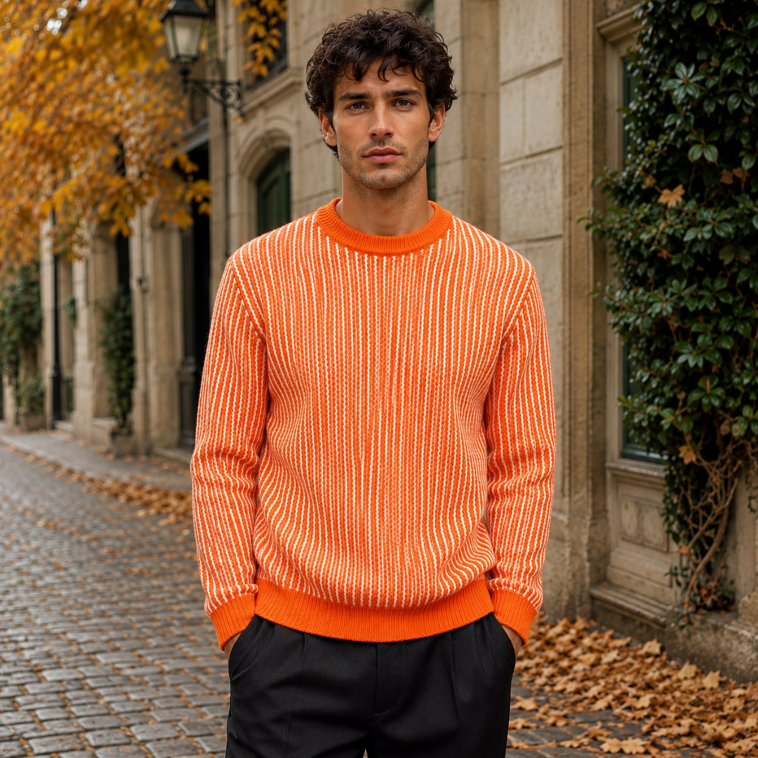 Maglione uomo arancione a righe verticali con girocollo a costine, vista frontale
