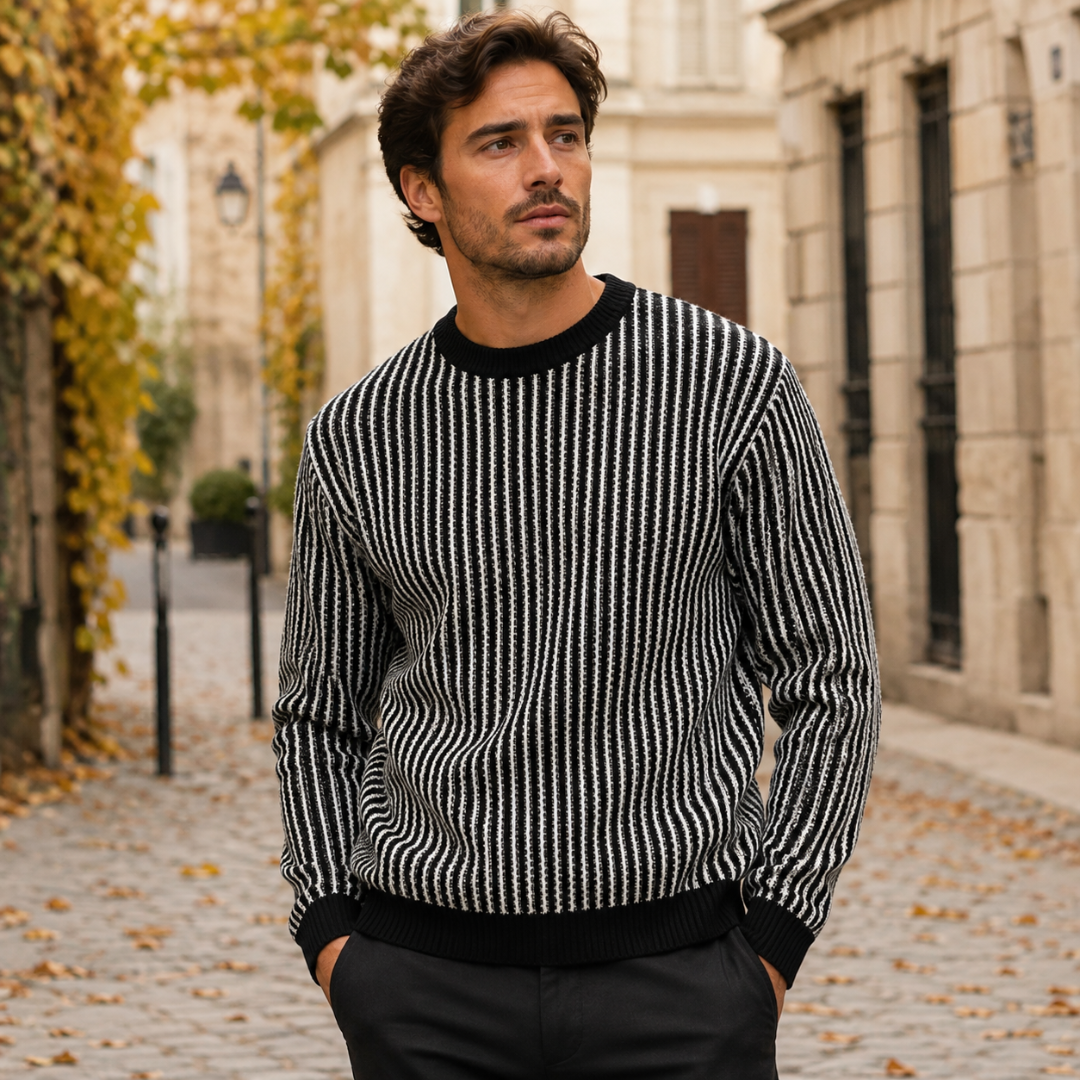 Maglione uomo nero e bianco a righe verticali con girocollo e fondo a costine