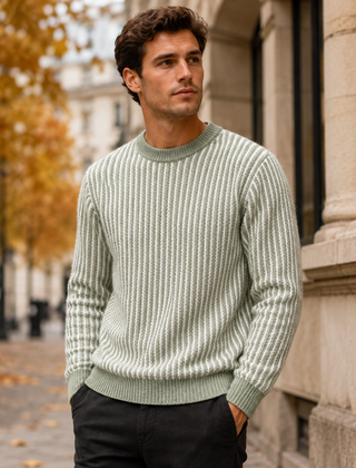 Maglione uomo verde a righe verticali bicolore con maniche lunghe a coste