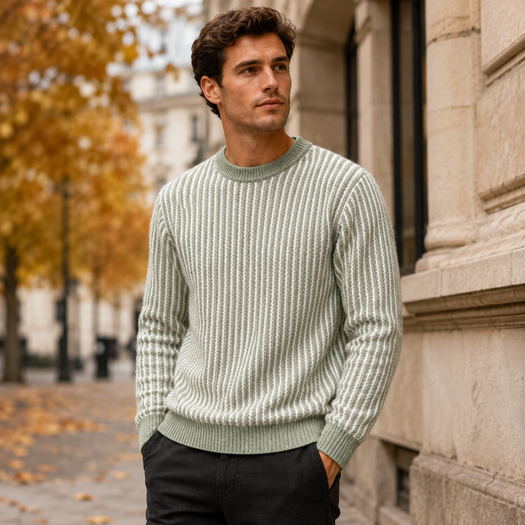 Maglione uomo verde a righe verticali bicolore con maniche lunghe a coste