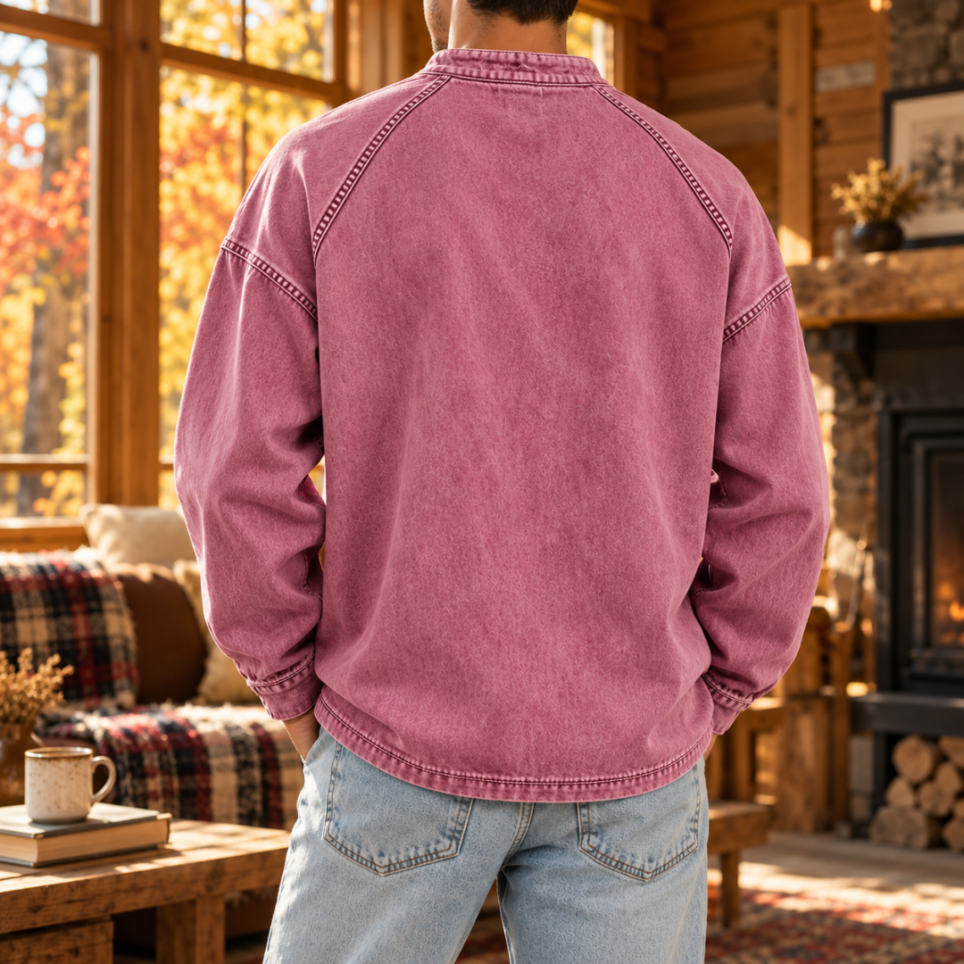 Retro del maglione uomo rosa con cuciture raglan sulle spalle e orlo ribattuto
