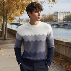 Maglione uomo grigio color block con fondo a coste e maniche lunghe