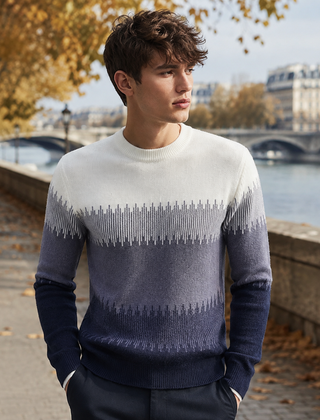 Maglione uomo grigio color block con fondo a coste e maniche lunghe