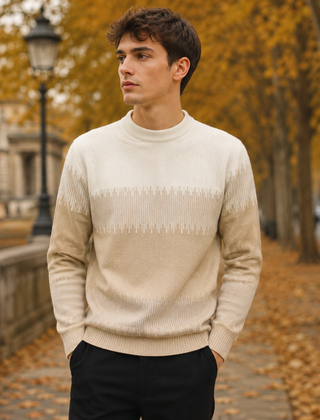 Maglione uomo kaki con collo a lupetto e fascia a righe sul petto