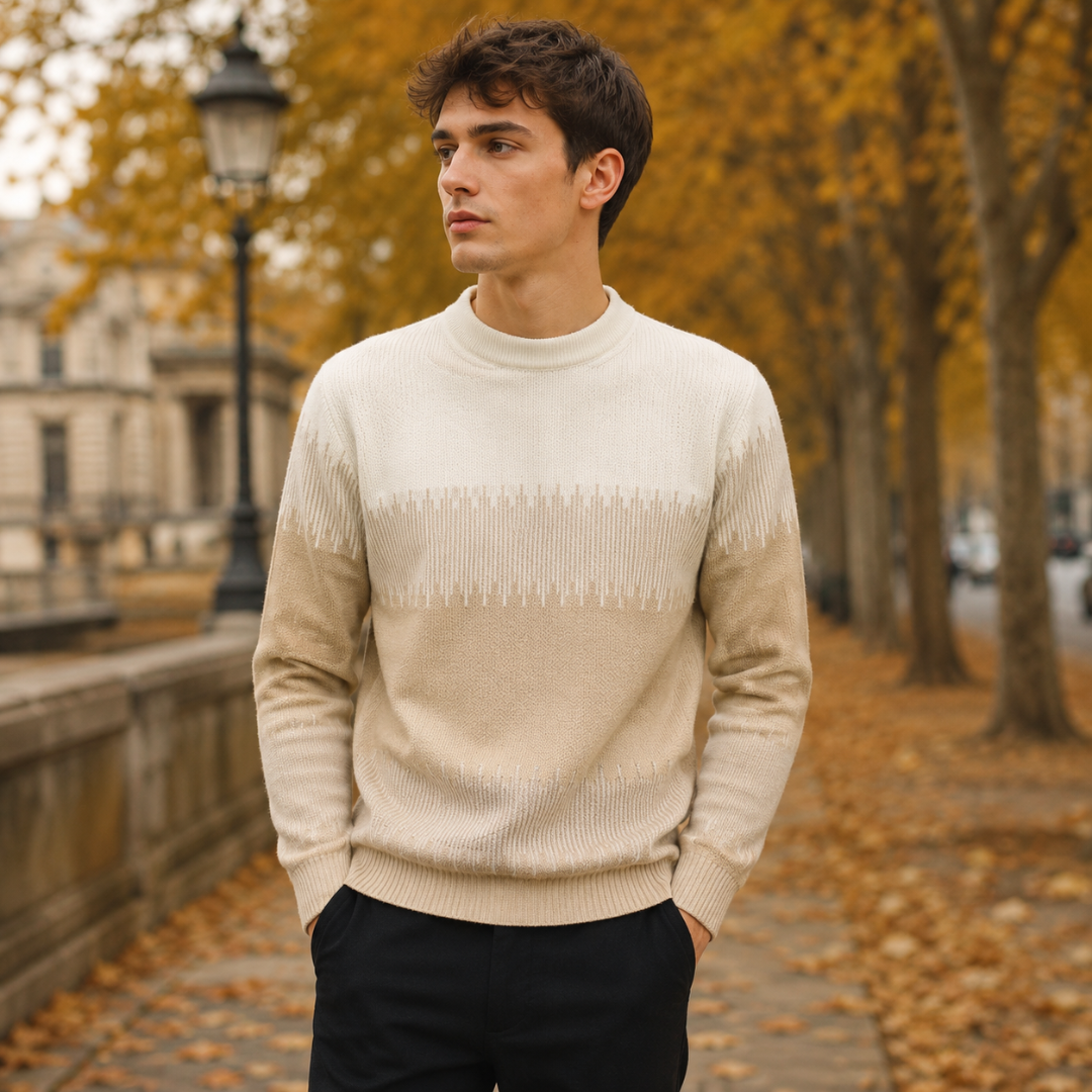 Maglione uomo kaki con collo a lupetto e fascia a righe sul petto