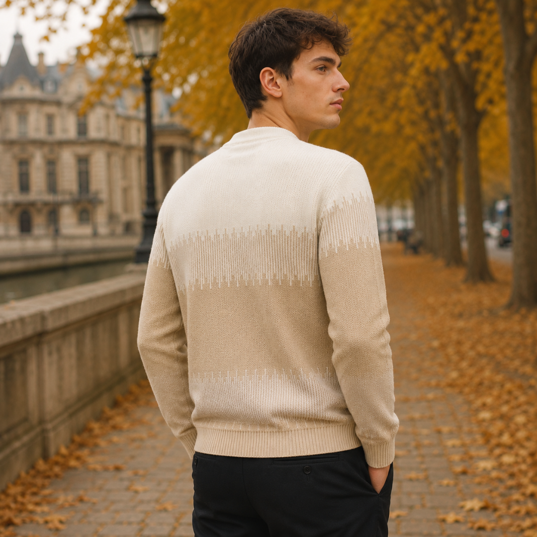 Retro del maglione uomo kaki con fascia a righe verticali sulla schiena