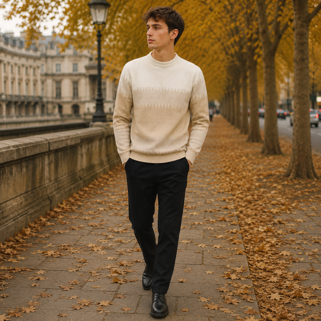 Maglione kaki abbinato a pantaloni neri e scarpe stringate, look intero