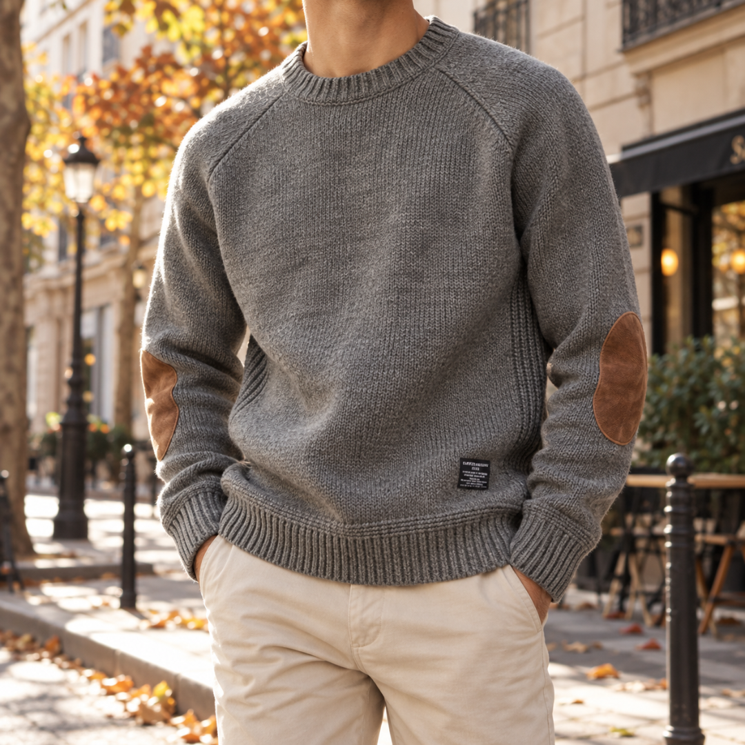 Maglione uomo grigio a girocollo con toppe a contrasto sui gomiti