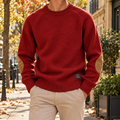 Maglione uomo rosso a girocollo con toppe ai gomiti e maniche raglan