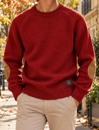 Maglione uomo rosso a girocollo con toppe ai gomiti e maniche raglan