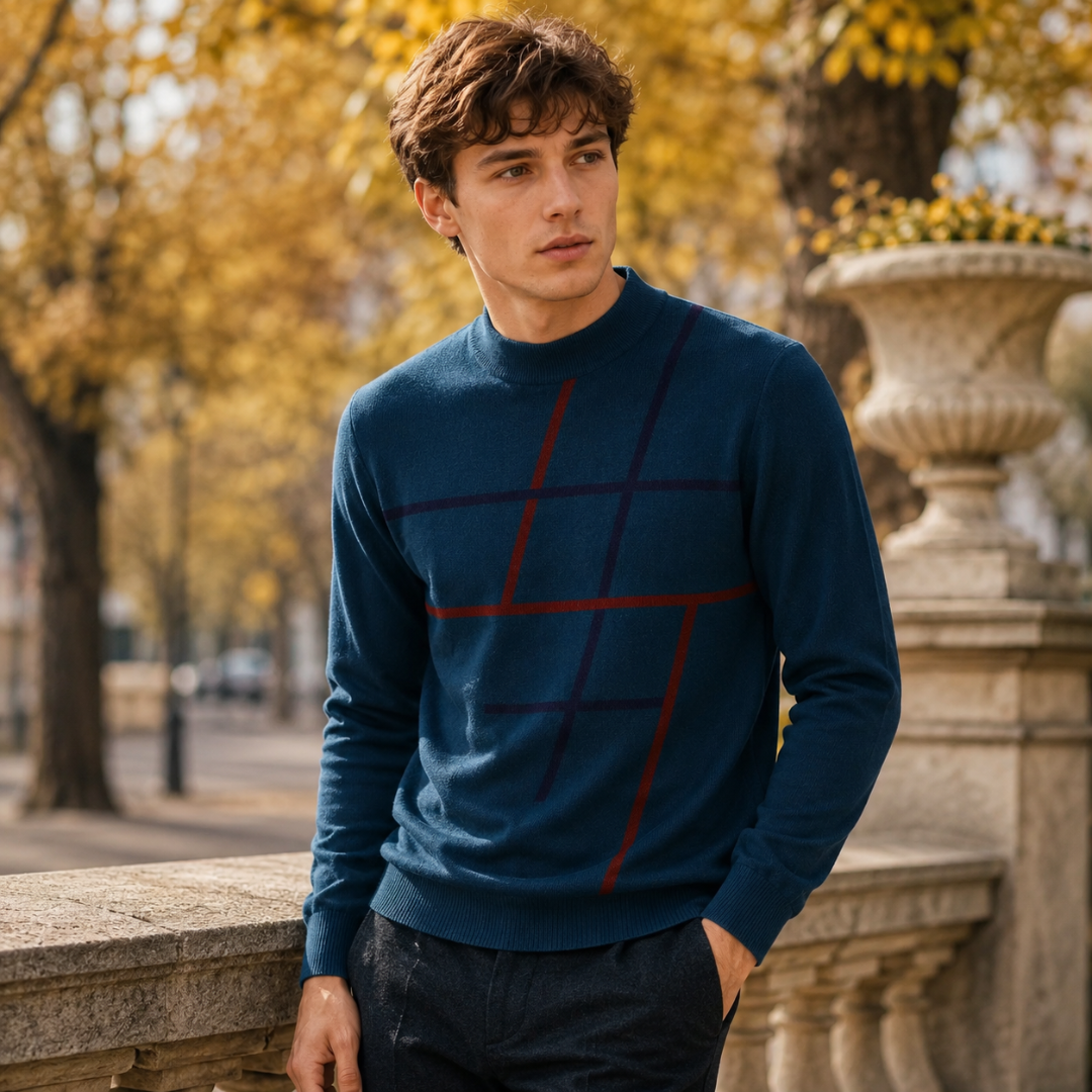 Maglione uomo blu con motivo geometrico a linee rosse e girocollo a coste