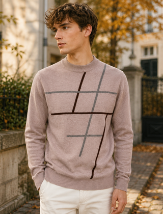 Maglione uomo cammello con linee incrociate bordeaux e grigie sul davanti