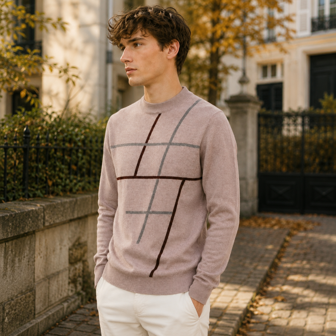 Maglione cammello a motivo geometrico con girocollo a coste e maniche lunghe
