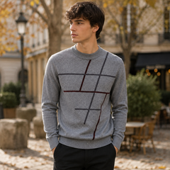 Maglione uomo grigio con linee incrociate bordeaux e antracite sul davanti