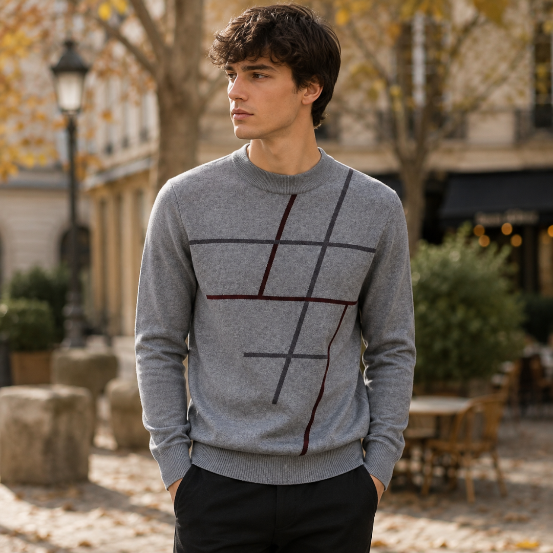 Maglione uomo grigio con linee incrociate bordeaux e antracite sul davanti
