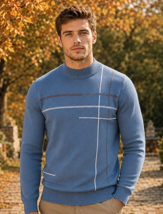 Maglione uomo blu a collo lupetto con motivo geometrico di righe bianche