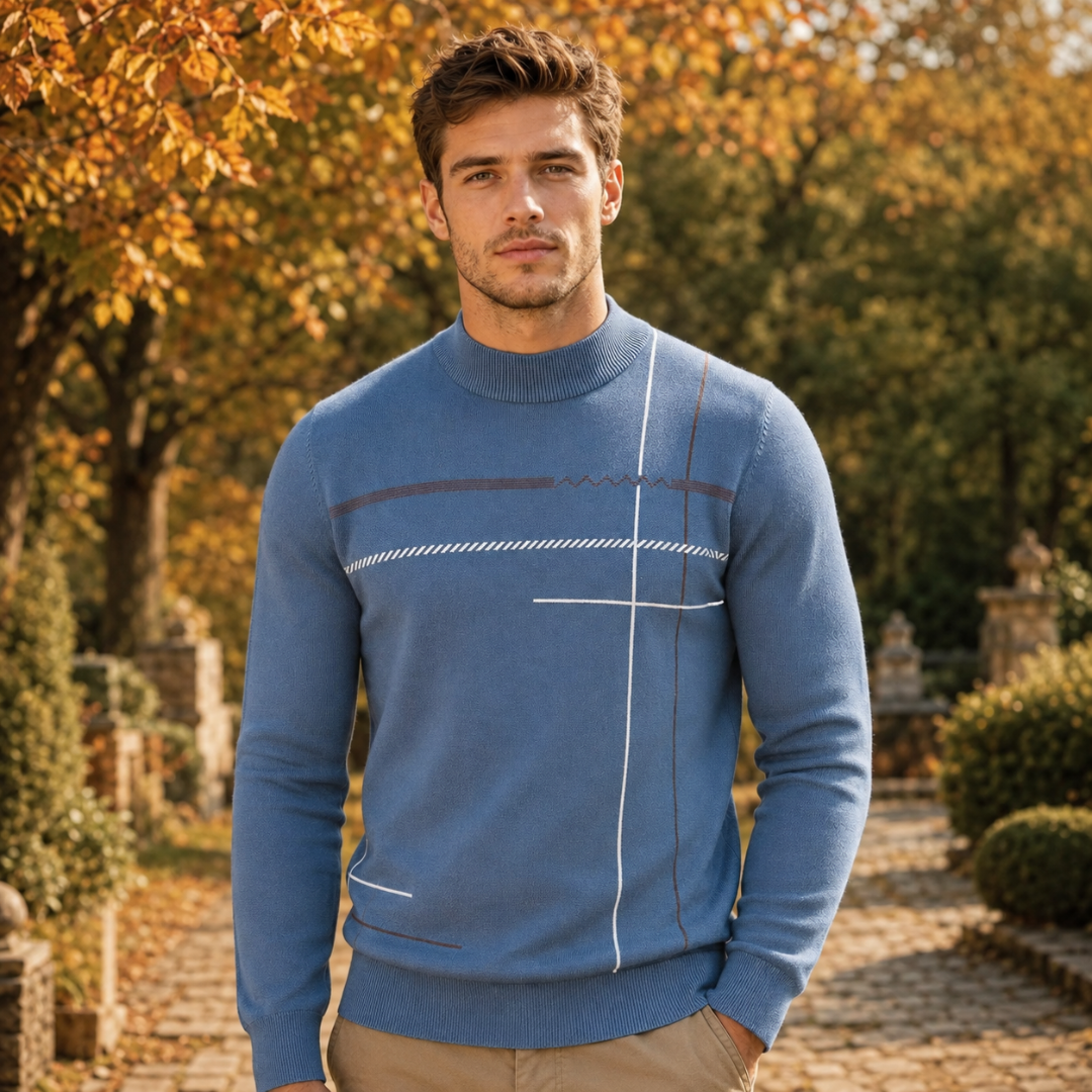 Maglione uomo blu a collo lupetto con motivo geometrico di righe bianche