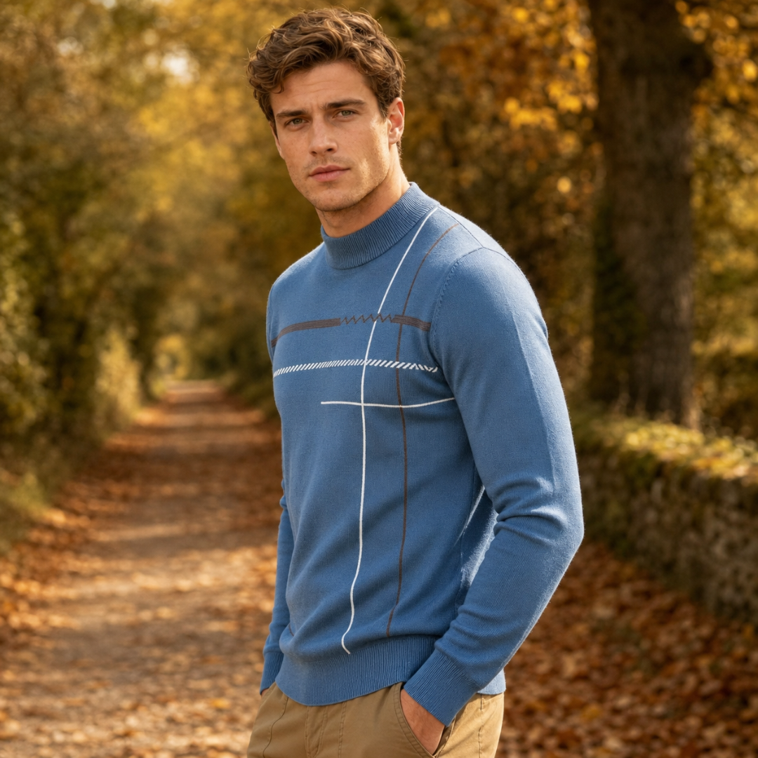 Maglione blu uomo visto di lato con righe verticali bianche e marroni