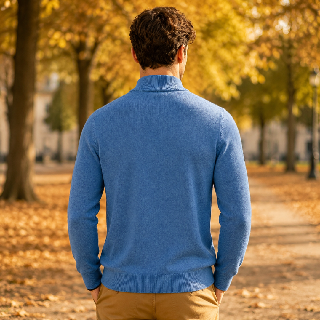 Retro del maglione uomo blu in tinta unita con fondo a coste