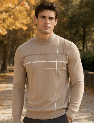 Maglione uomo kaki a collo lupetto con righe geometriche bianche e marroni