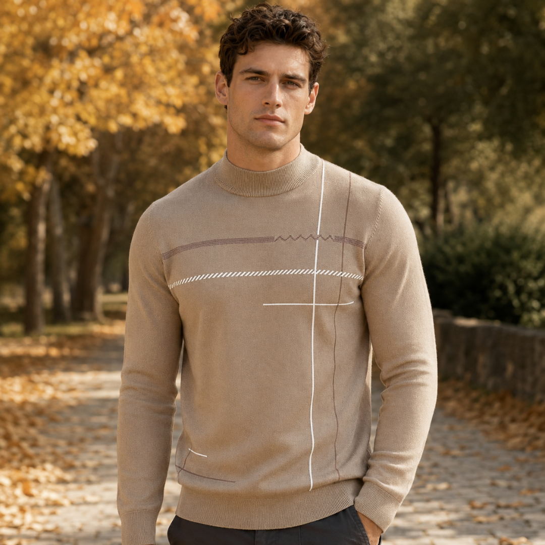 Maglione uomo kaki a collo lupetto con righe geometriche bianche e marroni