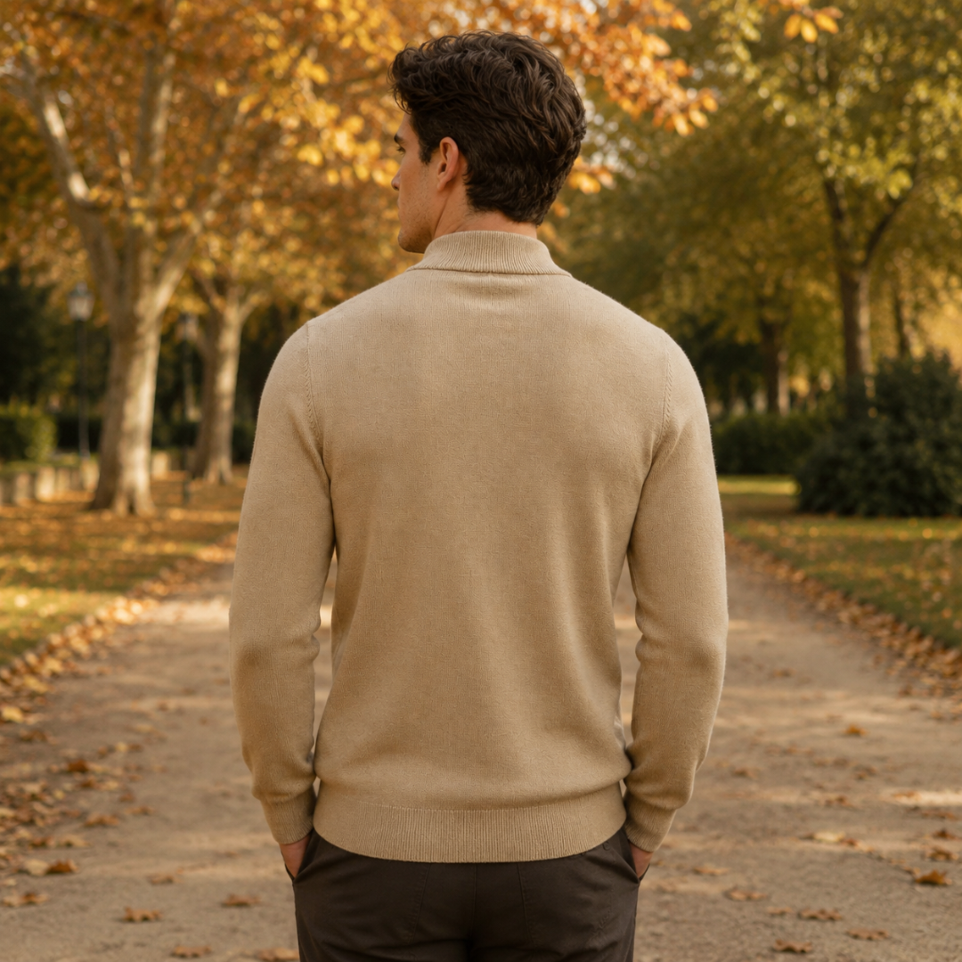 Retro in tinta unita del maglione uomo kaki con collo lupetto a coste