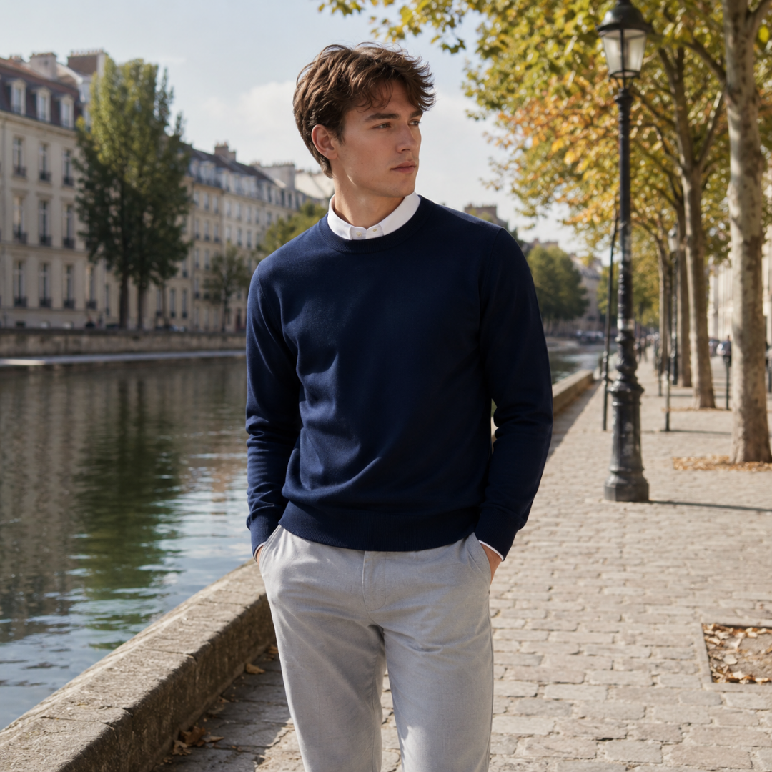 Maglione uomo blu navy a girocollo con maniche lunghe e fondo a coste