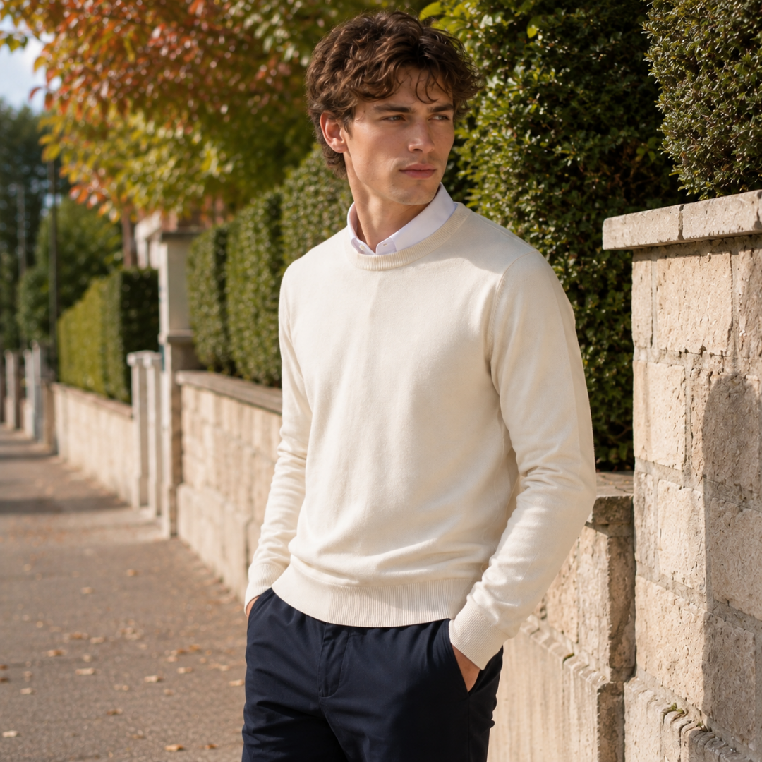 Maglione uomo crema a girocollo a costine, maniche lunghe, vista frontale