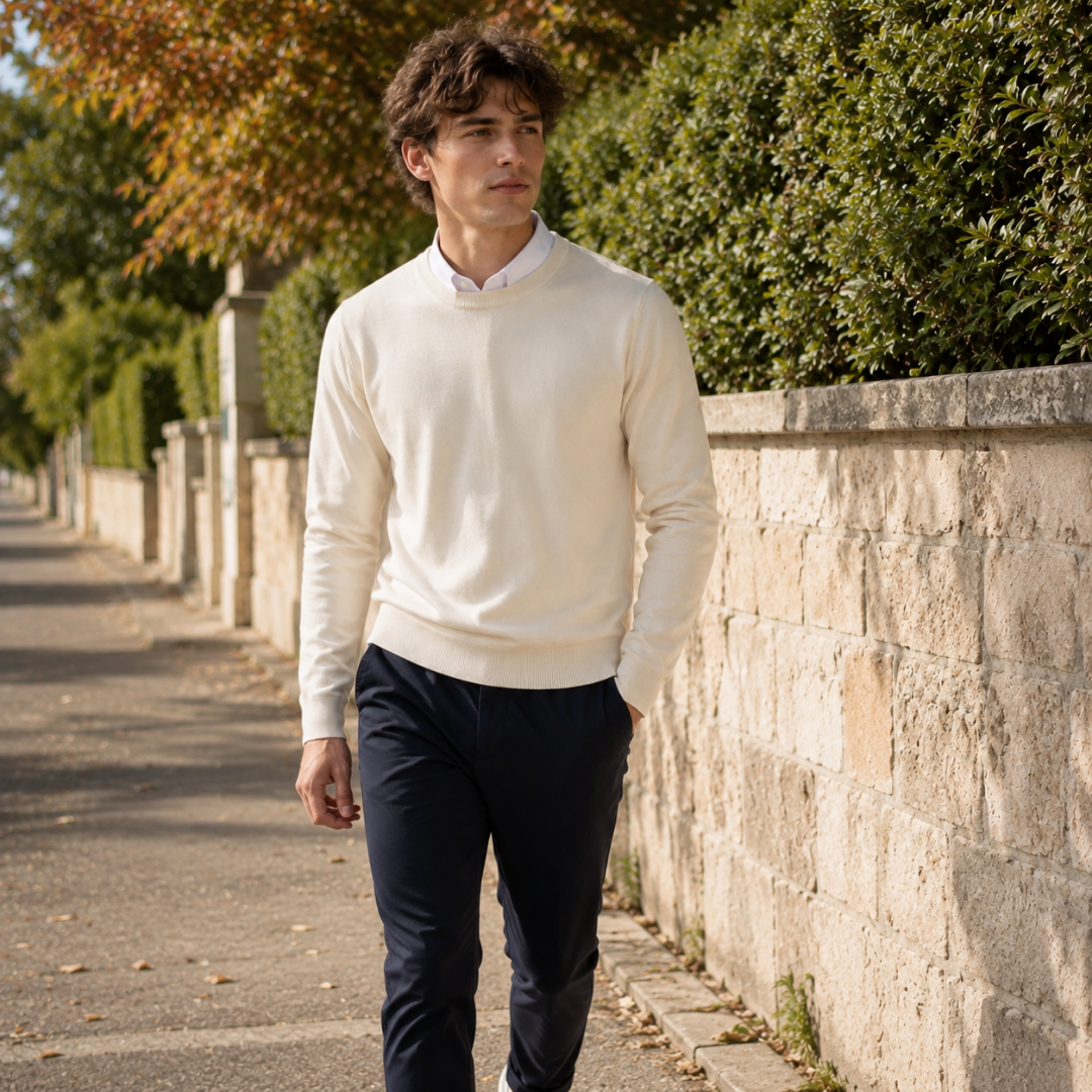 Uomo cammina indossando maglione crema a girocollo e pantaloni blu navy