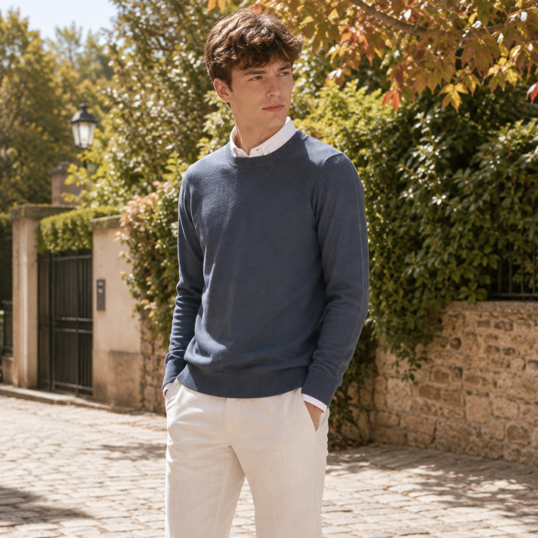 Maglione uomo grigio scuro a girocollo con pantaloni chiari, vista frontale