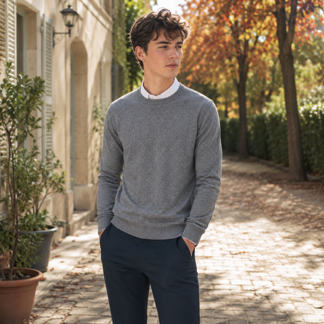 Maglione uomo grigio a girocollo in maglia fine, maniche lunghe