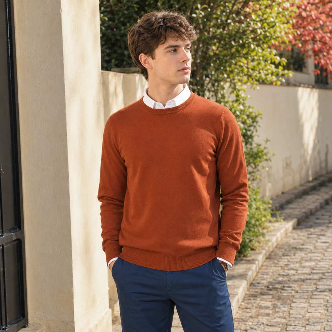 Maglione uomo marrone ruggine con girocollo a costine e fondo a coste