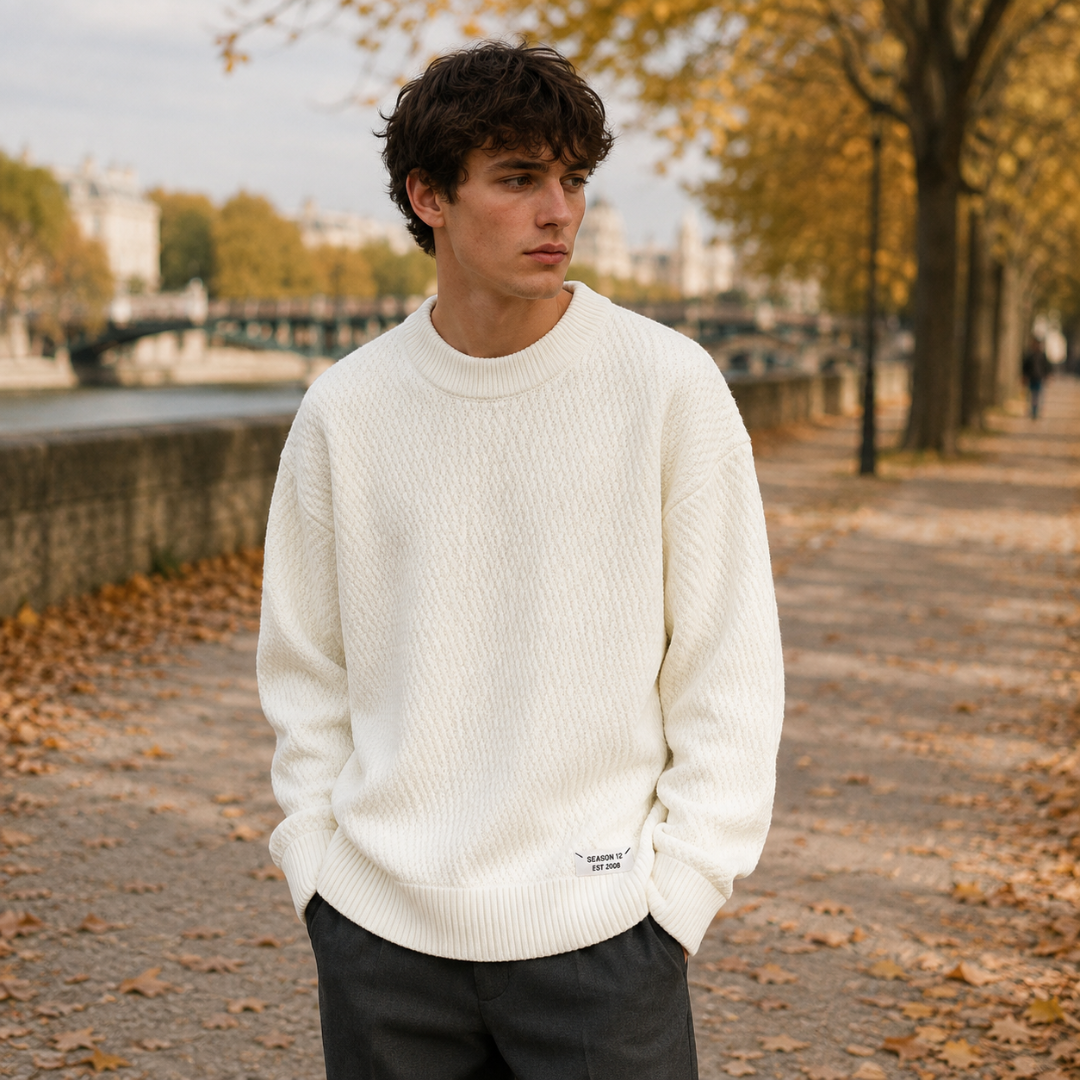 Maglione uomo bianco in maglia lavorata con girocollo a coste, vista frontale