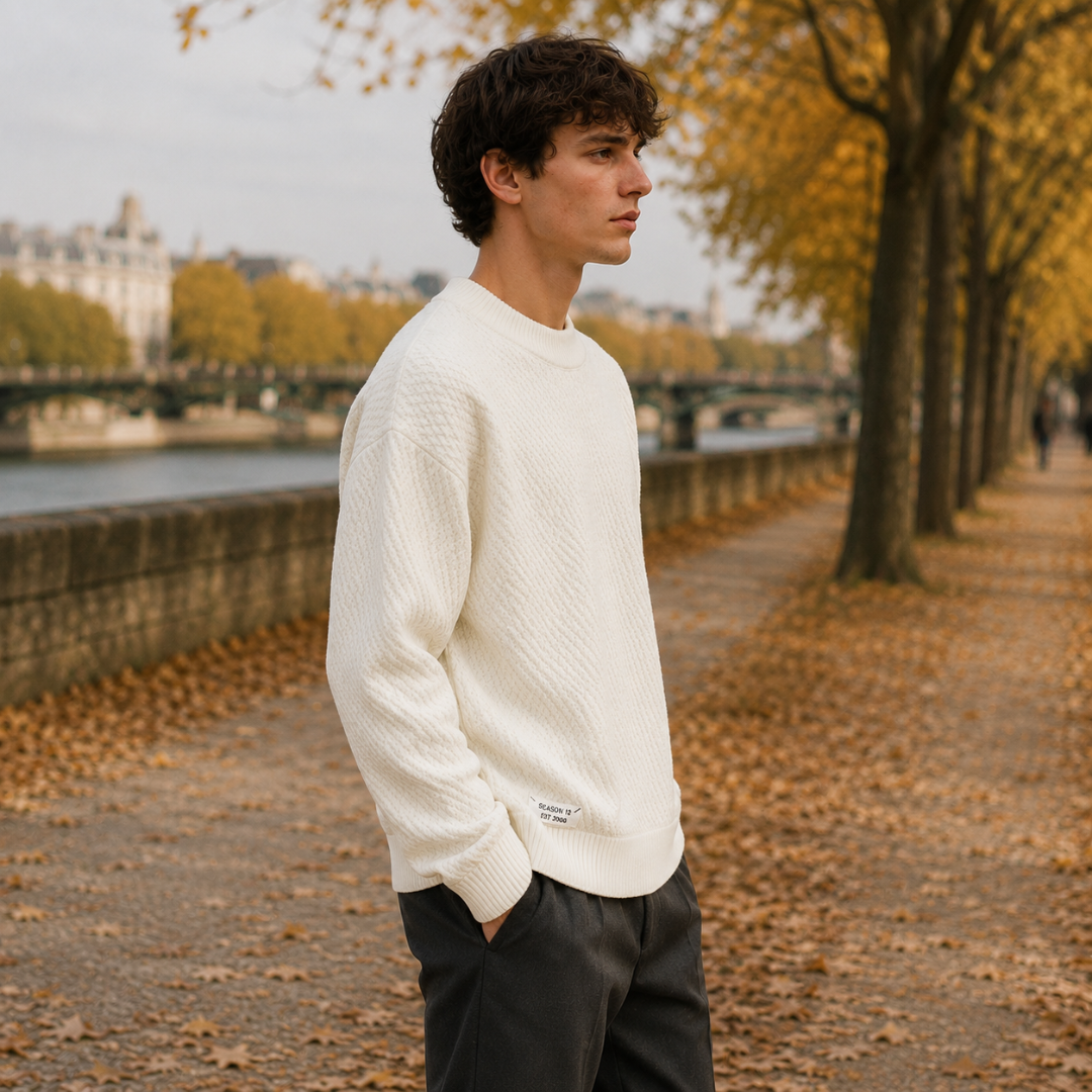 Maglione uomo bianco di tre quarti, trama lavorata e bordo inferiore a costine
